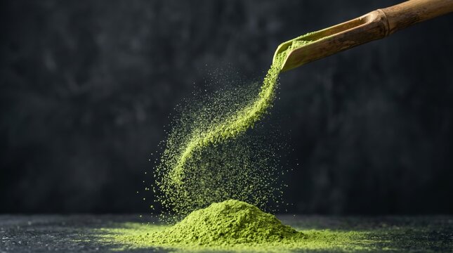 Matcha powder suspended from bamboo scoop with dramatic negative space, AI generated