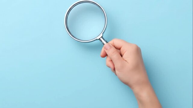 Human hand holding magnifying glass over light blue background with empty space for text or design concept of search, analysis, and discovery in business and education