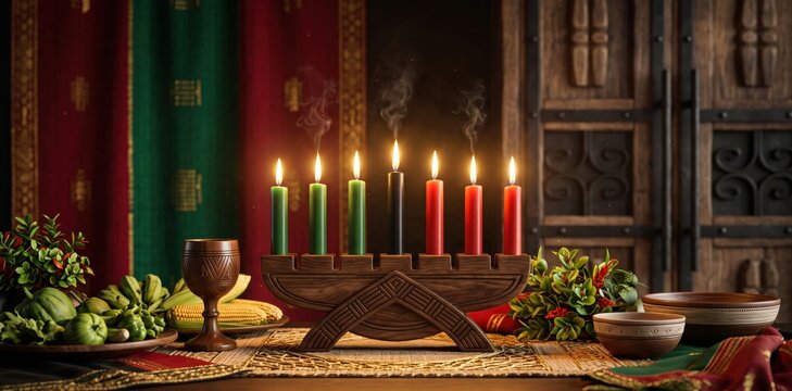 Seven lit candles in wooden candelabra for cultural celebration with traditional ornaments and fresh produce on tabletop display for festive seasonal decorating with set upon table adorned fresh corn