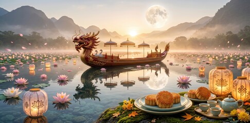 Obraz premium Ornate dragon boat floating on misty lake with lotus flowers and mooncake celebration at sunset featuring traditional lanterns and mountain scenery for mid autumn festival cultural holiday concept
