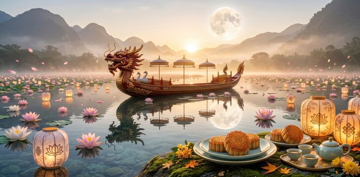 Ornate dragon boat floating on misty lake with lotus flowers and mooncake celebration at sunset featuring traditional lanterns and mountain scenery for mid autumn festival cultural holiday concept