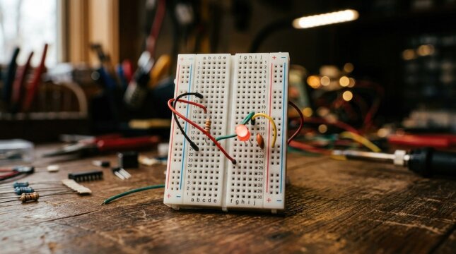 Electronic breadboard with wires and led on wooden table.