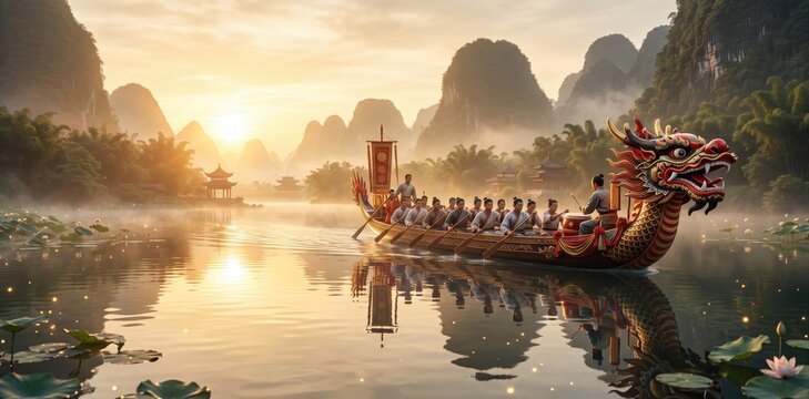 Traditional dragon boat racing on misty river at sunset with ornate vessel and rowers amidst scenic limestone peaks and lotus flowers representing ancient cultural heritage with navigating serene mist