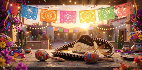 Obraz premium Festive mexican celebration table with sombrero and maracas under colorful papel picado banners during a warm golden hour sunset at a traditional courtyard setting for cultural holiday festivities