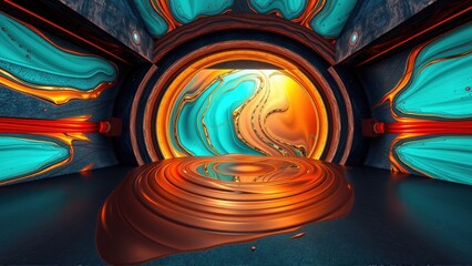 Fototapeta premium Abstract interior. Fluid shapes, vibrant colors dominate space. Orange, turquoise blend creating surreal tunnel effect. Dramatic lighting enhances depth.
