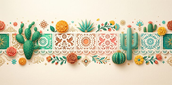 Festive paper cutout border with cacti and floral motifs for traditional celebrations and decorative design elements featuring intricate laser cut patterns and vibrant colors on a cream background