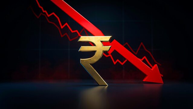 Indian rupee currency falling with downward financial market trend and economic decline