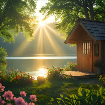 Sun in the Garden
"Charming wooden cabin by a peaceful lake surrounded by spring flowers.
Idyllic forest landscape bathed in morning sunlight."