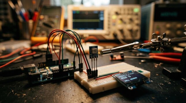 Electronic circuit board prototype with wires and measuring equipment.