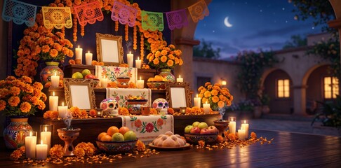 Traditional day of the dead altar with marigolds candles and sugar skulls in a festive courtyard setting at night to celebrate ancestral memories and honor departed loved ones with cultural heritage