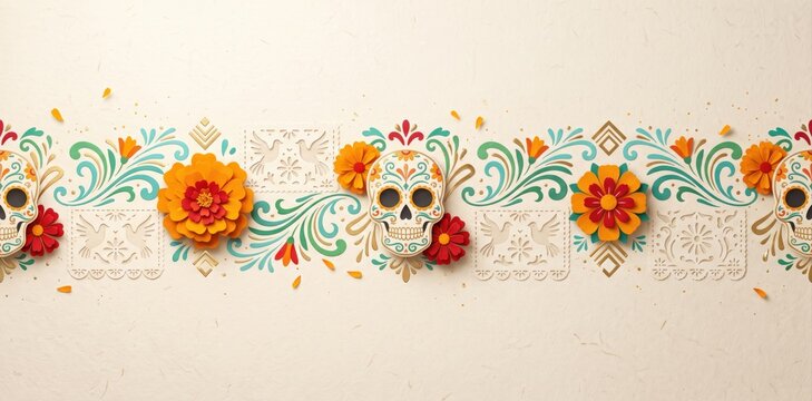 Day of the dead festive border with sugar skulls and marigold flowers on textured beige paper background for traditional mexican celebration design elements and cultural decorative holiday art