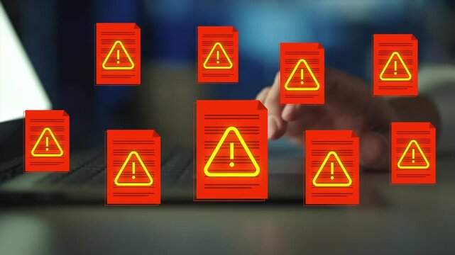 Data breach or information leak due to insider threats or unauthorized access. Confidential files and warning triangle icons.