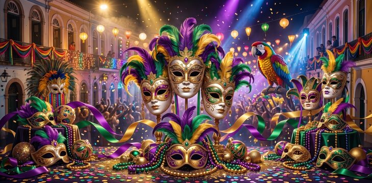 Vibrant carnival celebration featuring ornate venetian masks and tropical parrot amidst festive confetti and colorful street lights during an energetic nighttime public festival extravaganza
