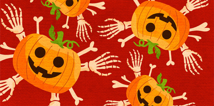 smiling halloween pumpkins and skeleton bones pattern red background