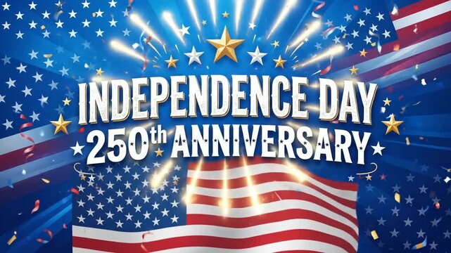 Independence Day 250th anniversary banner with US flag.