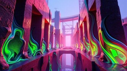 Fototapeta premium Futuristic city landscape. Pink structures, vibrant neon flows, reflections in water. Dramatic lighting creates intense visual impact.
