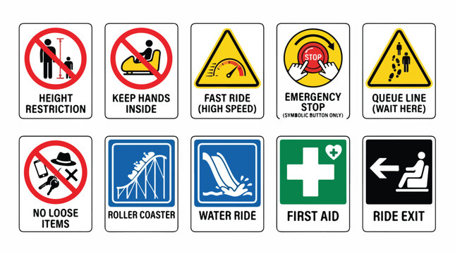 Amusement park safety signs collection, set of 10 theme park warning icons, roller coaster and water ride information placards for public safety