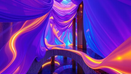 Fototapeta premium Abstract digital art. Vivid purple, blue, orange hues create flowing shapes resembling cavern or tunnel. Light illuminates stone archway.