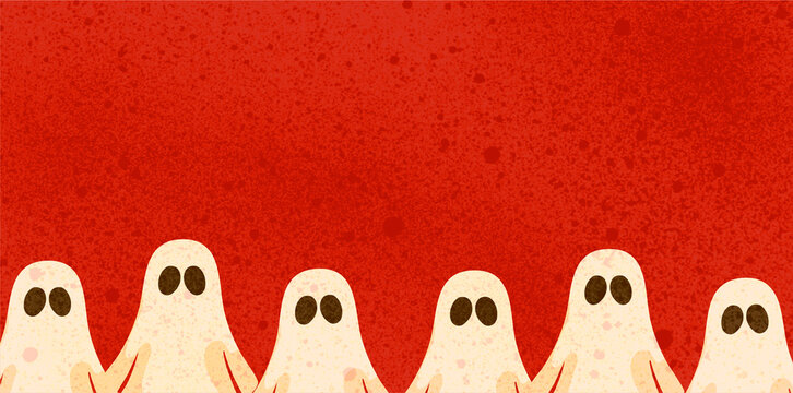 row of cute white ghosts on solid red backdrop