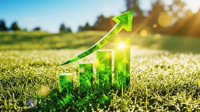 Green crystal bar chart and upward arrow on lush grass under bright sunlight representing sustainable economic growth