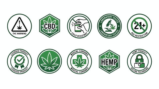 Cannabis packaging icons set, 10 green CBD and hemp product labels, medical marijuana warning and quality assurance stamps for retail vector