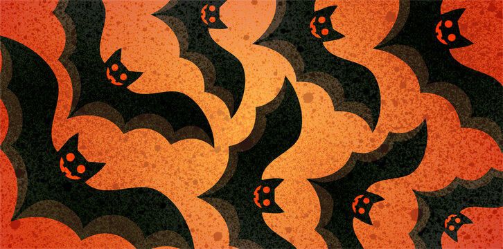 seamless pattern of overlapping flying bats over orange background