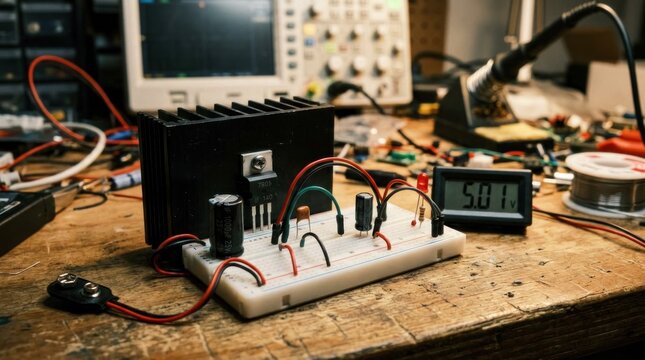 Electronic prototype circuit on breadboard at cluttered workbench.