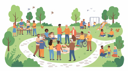 Fototapeta premium Community Park Celebration: A vibrant park scene depicts people of all ages and backgrounds enjoying a sunny day filled with connection and outdoor activities.