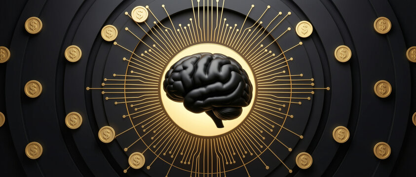 A black brain sits in the center of a gold circle with radiating lines and dollar coins around, symbolizing the value of intelligence and financial success.