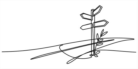 Simple one line drawing of a signpost with multiple blank arrows pointing in different directions standing on a grassy field for travel and choices © Next to Work