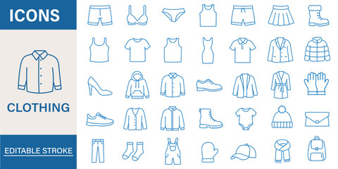 Clothing, apparel line icons set. Oversize t-shirt, hoodie, wide-leg jeans, puffer jacket, jumpsuit flat minimal vector illustrations. Simple outline signs. © icon studio 333
