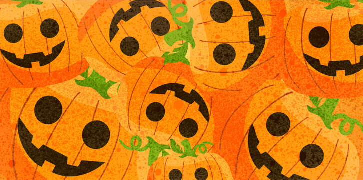 seamless pattern of creepy grinning orange pumpkins background texture