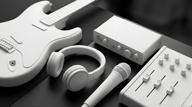 Top view of musical studio equipment including guitar headphones microphone and mixer in monochromatic white style