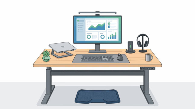 Ergonomic Home Office Setup: A modern, adjustable standing desk featuring a computer monitor displaying charts, laptop, keyboard, mouse, headphones, smartphone charger, and a small potted plant.