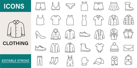 Clothing, apparel line icons set. Oversize t-shirt, hoodie, wide-leg jeans, puffer jacket, jumpsuit flat minimal vector illustrations. Simple outline signs. © icon studio 333