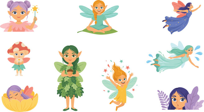 Magical Garden Fairies Vector Character Set with Cute Forest Pixies Colorful Wings Mushroom Elf and Fantasy Mythical Creature Elements for Children Illustrations