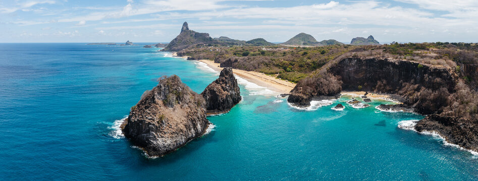 Aerial view of the coastline with Baia dos Porcos, Fernando de Noronha, Pernambuco, Brazil