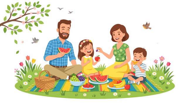 A Family Picnic in Bloom: A cheerful family enjoys a sunny picnic amidst a vibrant meadow filled with blooming flowers and chirping birds, sharing a delightful spread of fruits and snacks.