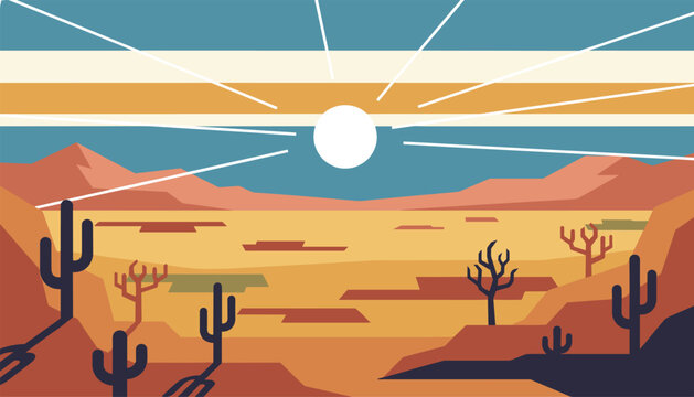 Minimalist desert sunset landscape with silhouettes of saguaro cacti and barren trees under a yellow sun, vector.