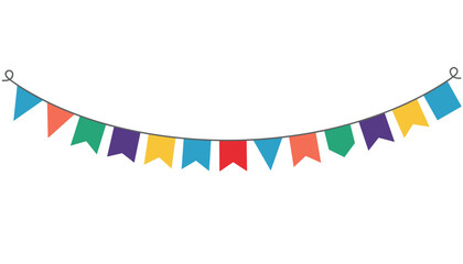 Obraz premium Festive colorful party bunting banner with triangular flags hangs in a soft curve against a clean white backdrop.