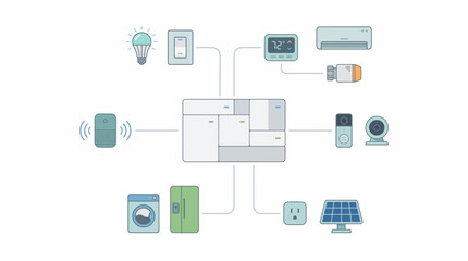 Fototapeta premium Smart Home Automation Hub: A visual representation of a smart home hub connecting various devices, including lighting, thermostat, air conditioner, security camera, solar panel, and appliances.