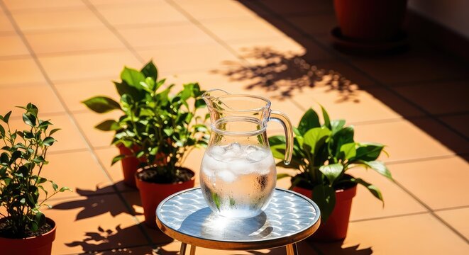 Un sol abrasador ilumina una terraza desierta con sombras alargadas, una jarra de agua con hielo y plantas verdes bajo el intenso calor, chairs, bright, furniture