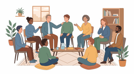 Fototapeta premium Group Therapy Session: A diverse group of individuals engages in a supportive therapy session, sharing experiences and finding solace in a comforting circle.