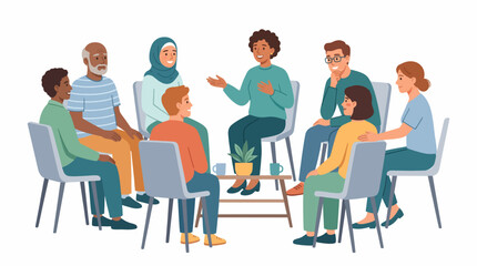 Obraz premium Community Gathering Circle: A diverse group of people, including individuals of different ages, ethnicities, and religious backgrounds, sit in a circle, engaged in conversation and shared listening.