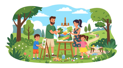 Naklejka premium Family Art Day in the Park: A joyful family enjoys a creative art session outdoors, with parents and children painting a picturesque landscape scene together amidst lush greenery and blooming flowers.