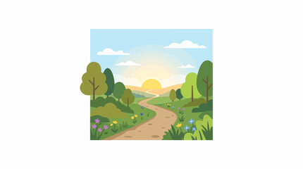 Fototapeta premium Sunrise Path Through Greenery: A winding dirt path leads through a vibrant, rolling landscape of green hills, dotted with blooming wildflowers and lush trees.