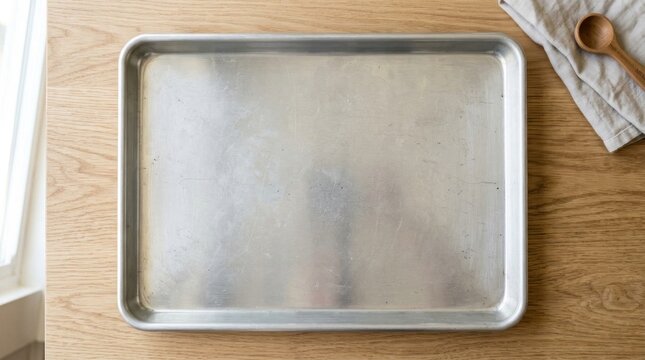 Empty aluminum baking sheet on wooden kitchen counter.