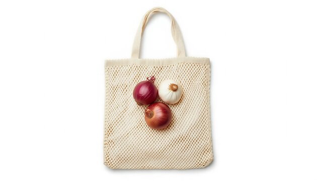 Reusable Cotton Mesh Produce Bag with Onions and Garlic on White Background