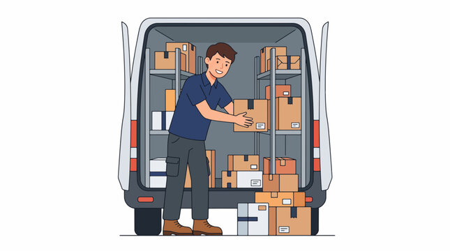 Delivery Driver Loading Van: A friendly delivery driver meticulously arranges packages inside the back of an open delivery van, shelves stocked with various parcels ready for distribution.