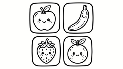 Fototapeta premium cute cartoon fruit icons set with smiling faces for kids stickers or coloring book